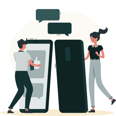 Deux personnes communiquant par messages sur leurs téléphones, illustrant un échange simple et direct via appel ou SMS.